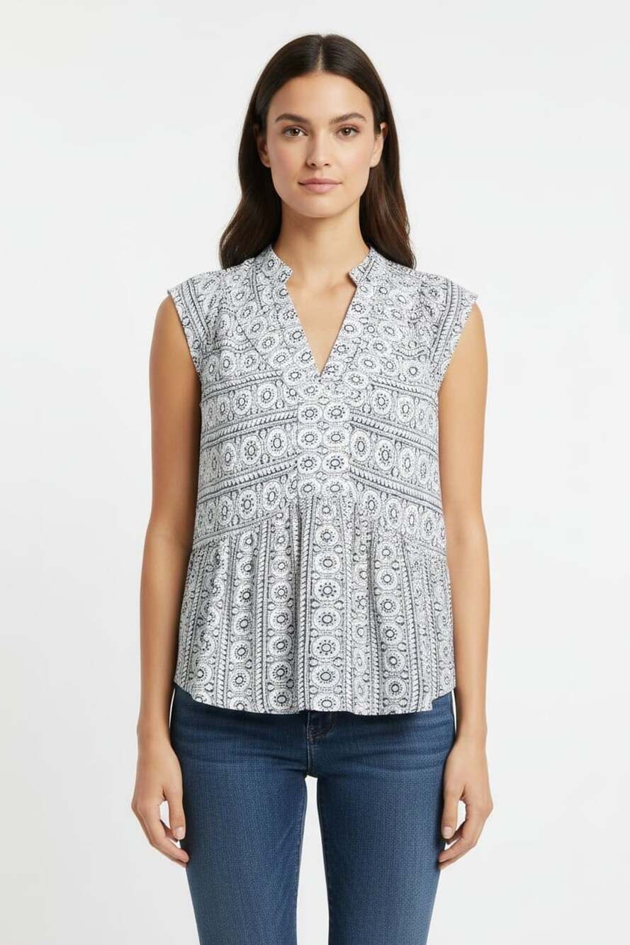 LOFT Blue & White Geometric Medallion V-Neck Sleeveless Blouse